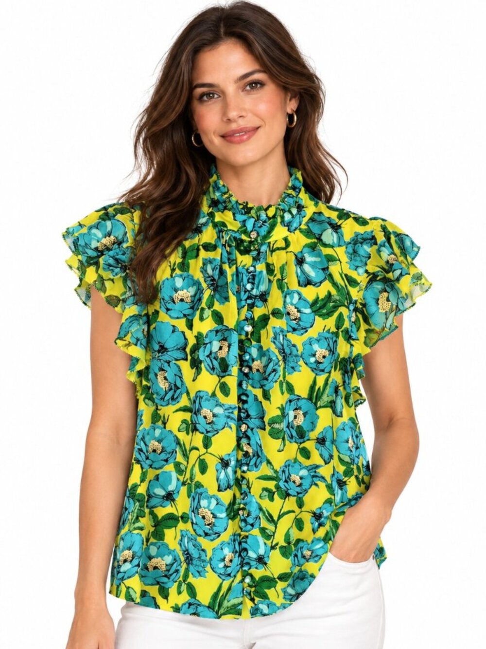 Alice + Olivia Blue Yellow Beach Bliss Sunflower Jordana Blouse
